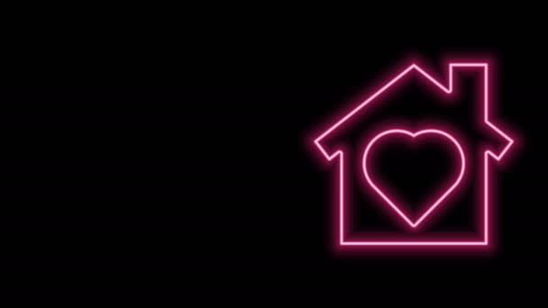 Светящийся неоновая линия Дом с сердцем внутри значок изолирован на черном фоне. Символ любви. Семья, недвижимость и недвижимость. Видеографическая анимация 4K - Кадры, видео