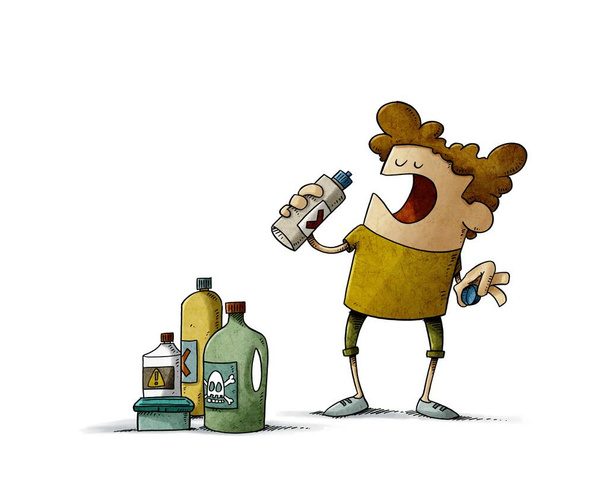 Ilustracja małego chłopca będzie pił detergent z butelki. zagrożenia w domu. izolowany - Zdjęcie, obraz
