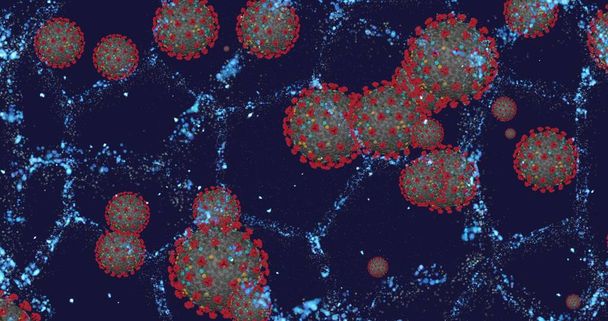 Komórki koronawirusowe COVID-19 Choroba zakaźna. Szybka transmisja rozprzestrzenia choroby. Wysoka koncentracja animacji koronawirusowej. 3D renderowania Ilustracja 3D - Zdjęcie, obraz