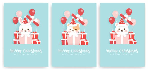 Conjunto de tarjetas de felicitación de Navidad con oso lindo . - Vector, imagen
