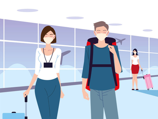 αεροδρόμιο νέο φυσιολογικό, οι νέοι με προστατευτικές μάσκες κρατώντας την κοινωνική απόσταση - Διάνυσμα, εικόνα