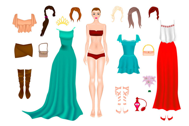 Paper Doll With Clothes, Shoes And Different Hairstyle. Body templates - Vector, Image