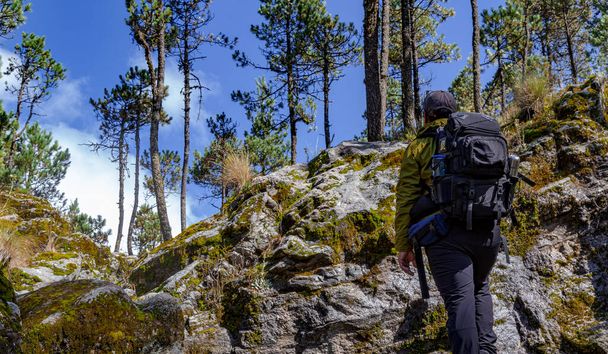 A back view of a male hiker with a backpack climbing a rocky mountain - 写真・画像