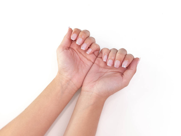 A top view of female hands with a light pink manicure - Photo, Image