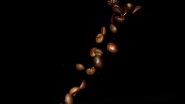 Жареный кофе без кофеина бобы падают медленные движения изолированы на черный - Кадры, видео