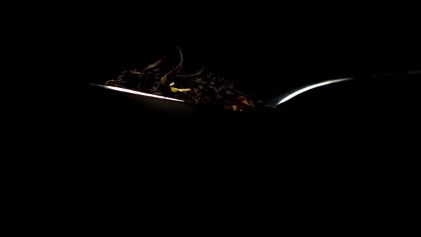 Czarna herbata liściasta z suszonymi płatkami spadającymi z łyżeczki wyizolowanej na czarno - Materiał filmowy, wideo