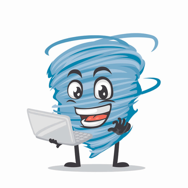 ilustración vectorial de la mascota del tornado o la presentación del personaje con el ordenador portátil - Vector, Imagen