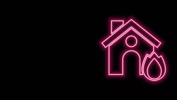 Linea al neon incandescente Fuoco nell'icona della casa in fiamme isolato su sfondo nero. Concetto assicurativo. Sicurezza, sicurezza, protezione, proteggere il concetto. Animazione grafica 4K Video motion - Filmati, video
