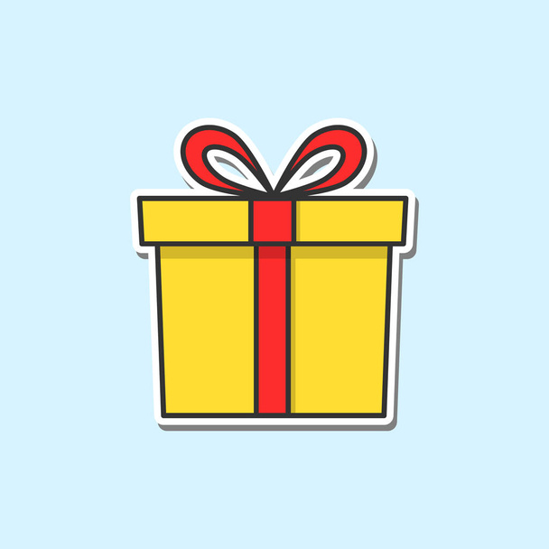 Geschenkbox-Symbol. Aufkleber Überraschung gelb Symbol Vektor Illustration isoliert auf blauem Hintergrund - Vektor, Bild