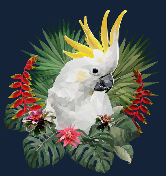 Πολύγωνο Εικονογράφηση Cockatoo πτηνών και των φυτών του Αμαζονίου. - Διάνυσμα, εικόνα