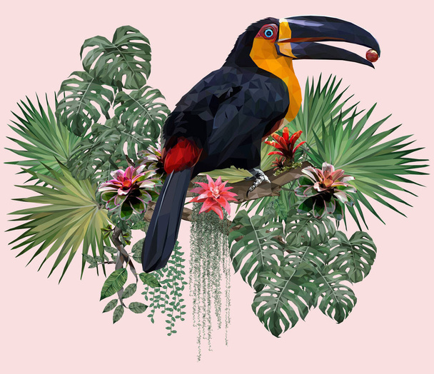Πολυγωνική εικονογράφηση Τουκάν και φυτά του δάσους του Αμαζονίου. - Διάνυσμα, εικόνα