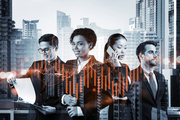 Group of business colleagues in suits as a part of multinational corporate team working on forecasting trading corporate strategy at fund. Forex chart. Bangkok on background. Double exposure - Fotografie, Obrázek