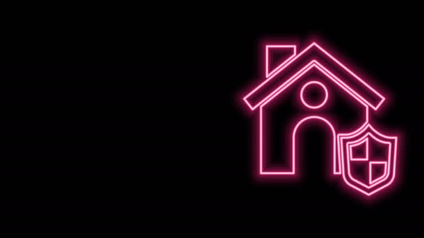 Glowing neon line House with shield icon isolated on black background. Insurance concept. Security, safety, protection, protect concept. 4K Video motion graphic animation - Footage, Video