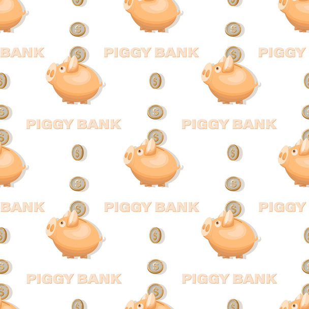 Piggy Bank, dollar coins background. Money gold coins. Cash collecting billfold on white background. American currency. Seamless  pattern, template. Design for business project. Vector illustration - Vector, Image