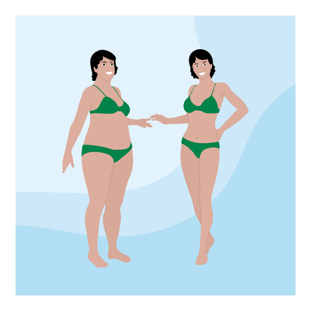 Δύο γυναίκες διαφορετικού μεγέθους με μαγιό. Πριν και μετά την απώλεια βάρους έννοια. Γελοιογραφία άνθρωποι απεικόνιση. - Διάνυσμα, εικόνα