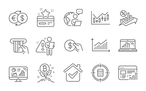 Loyalty card, Payment and Credit card line icons set. Web report, Calculator target and Analytics graph signs. Money exchange, Graph and Bitcoin project symbols. Line icons set. Vector - Вектор, зображення