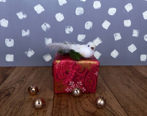 verpakt geschenk en witte vogel - Foto, afbeelding