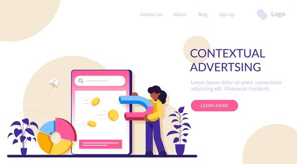 Contextual advertsing online service or platform. Woman with a magnet attracts coins. Marketing campaign and social network advertising. Modern flat illustration. - Vector, Image
