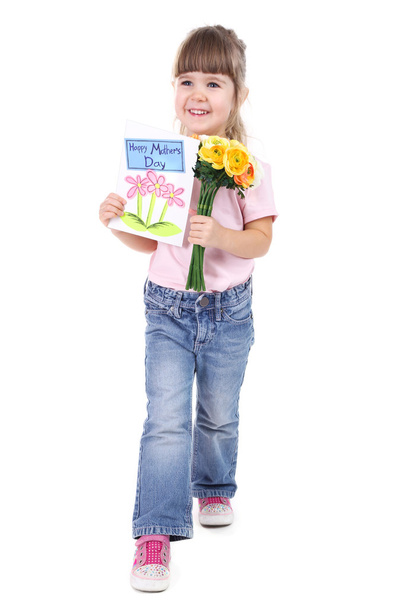 Pretty little girl holding bouquet and postal isolated on white - Photo, image