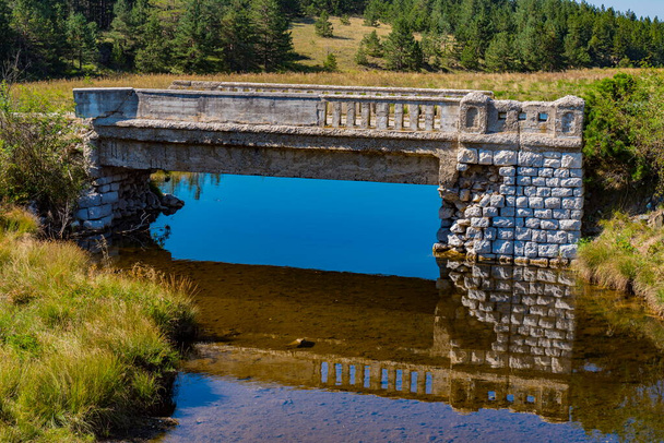 Blick auf die alte Steinbrücke am Fluss Crni Rzav auf dem Zlatibor-Gebirge, Serbien - Foto, Bild