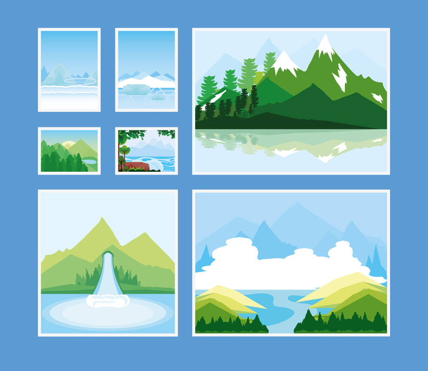 landscapes collection icons mountains nature river waterfall and winter - Vector, Image