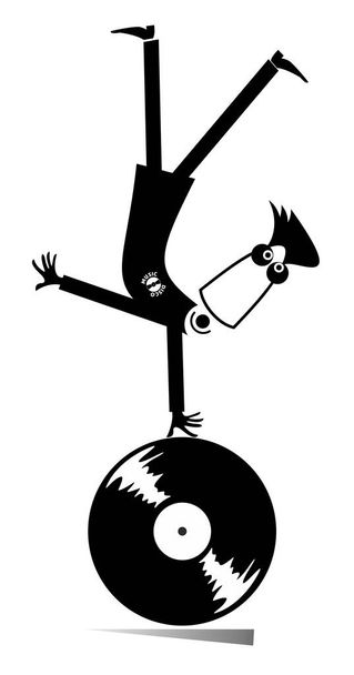 Funny DJ illustration with long playing record illustration. Cartoon DJ stands head over heels on the long playing record black on white - Vektör, Görsel