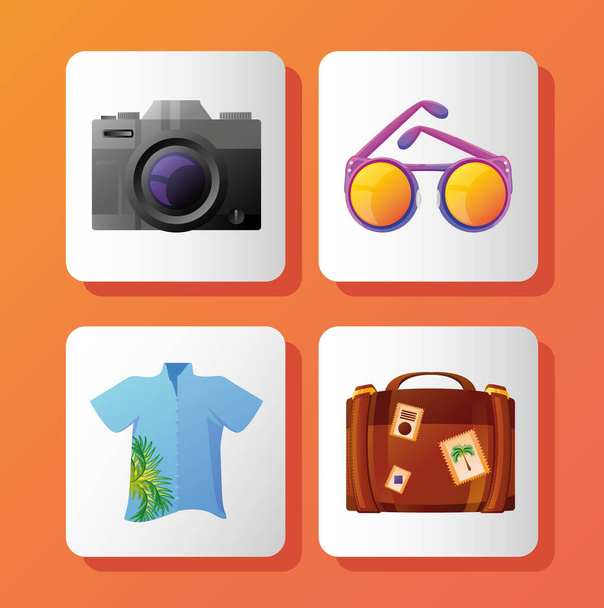 καλοκαιρινές διακοπές ταξιδιωτική κάμερα, γυαλιά ηλίου, πουκάμισο και βαλίτσα εικονίδια σε στυλ μπλοκ λεπτομερή στυλ - Διάνυσμα, εικόνα