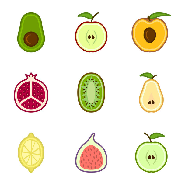 Set of cute cartoon cut fruit icons. The set includes - apples, pears, figs, avocados, lemon and others. Isolated vector on white background. - Διάνυσμα, εικόνα