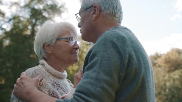 Casal velho feliz dançando no parque de outono. Um idoso a namoriscar com uma idosa. Beijo na testa no parque no dia de outono - Filmagem, Vídeo