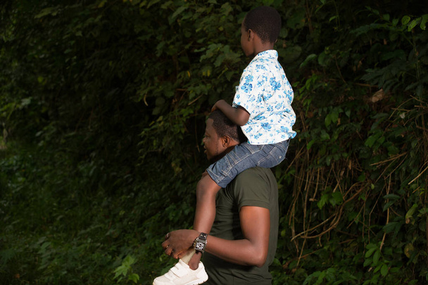 um jovem de pé em um parque carregando seu filho em seu pescoço, olhando para algo sorrindo. - Foto, Imagem