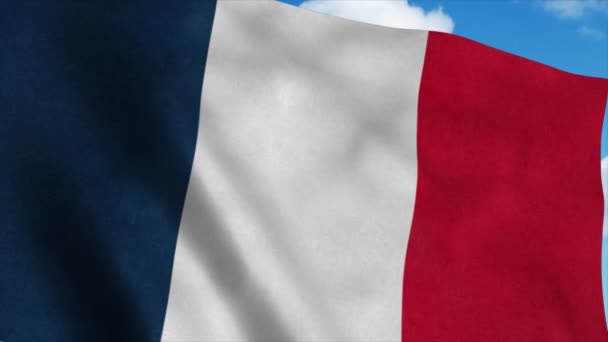 Ranskan lippu heiluu tuulessa, sininen taivas taustalla. 4K - Materiaali, video