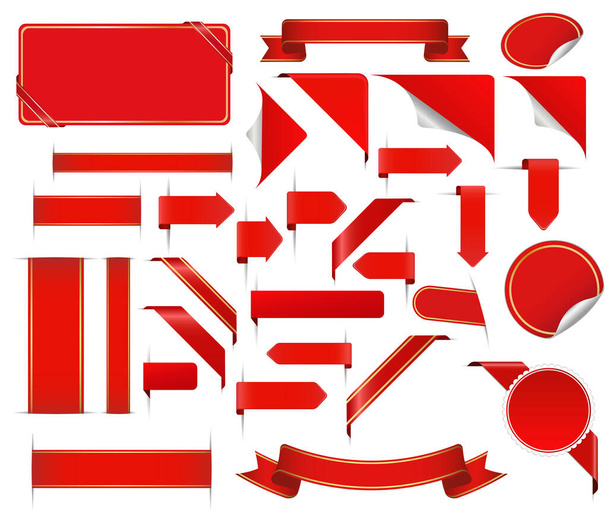 set of different red banners, ribbons, stickers and other vector design elements - Vector, Image