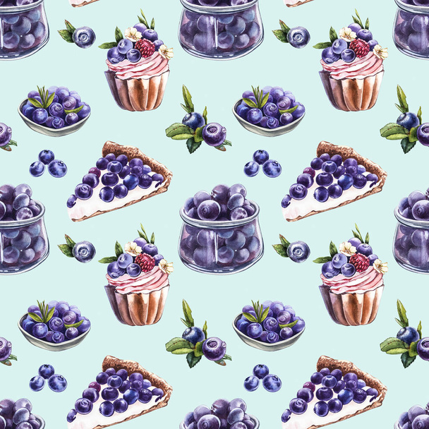 Blueberry. Seamless patterns. Watercolor botanical illustration. Hand drawn watercolor painting blueberry on white background. - Фото, изображение