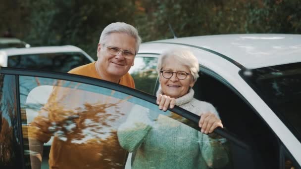 Couple âgé a acheté une nouvelle voiture. Debout près de la porte et souriant - Séquence, vidéo