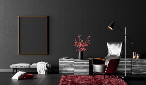 Modern belsőépítészeti fekete nappali, 3d Render 3d illusztráció - Fotó, kép