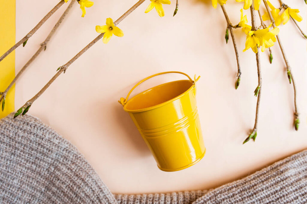 small yellow metal bucket on a soft pastel background with a bouquet of spring flowers forsythia and a beige sweater - Photo, Image