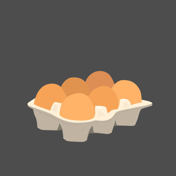 Έξι αυγά κότας σε χαρτόκουτο. Διανυσματική επίπεδη απεικόνιση σε μαύρο φόντο. - Διάνυσμα, εικόνα