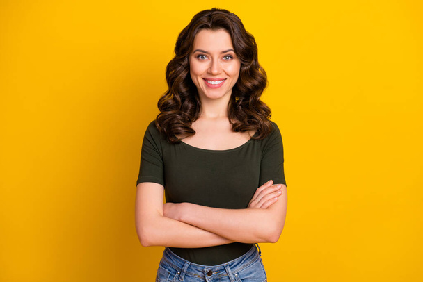 Photo of pretty glad optimistic lady entrepreneur holding hands folded isolated over vivid color yellow background - Φωτογραφία, εικόνα