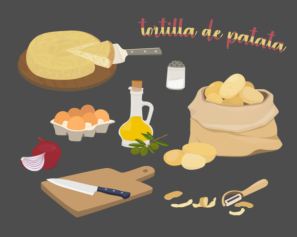 Ισπανικά συστατικά ομελέτα πατάτας - tortilla de patata. Ελαιόλαδο, κρεμμύδια, πατάτες, αυγά, ξύλο κοπής και μαχαίρι. Εικονογράφηση διανύσματος σε μαύρο φόντο. - Διάνυσμα, εικόνα