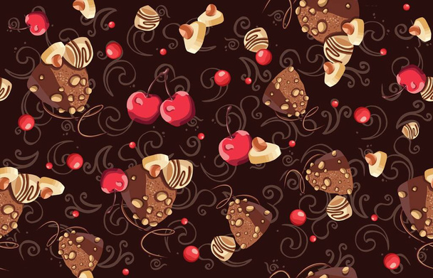 Безшовний візерунок з шоколаду, цукерок і вишневого візерунка. Векторні ілюстрації
 - Вектор, зображення