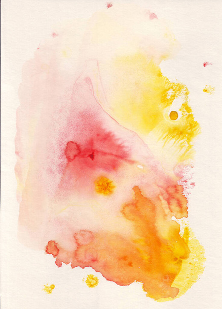Watercolor stains, blots and drips on white paper. Various shades of red, pink, yellow. - Foto, afbeelding