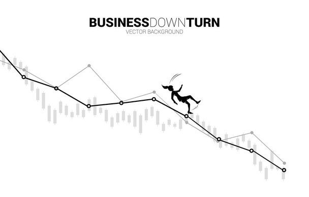 silueta de mujer de negocios deslizarse y caer desde el gráfico de desaceleración. Concepto de negocio fallido y accidental - Vector, Imagen