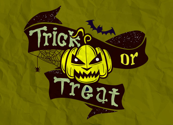 Trick or treat isolated quote and design elements. Vector holiday illustration. Hand drawn doodle letters, skull and pumpkin - Vecteur, image