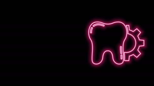 Gloeiende neon lijn Tandbehandeling procedure pictogram geïsoleerd op zwarte achtergrond. Tandenreparaties met tandwielen. 4K Video motion grafische animatie - Video