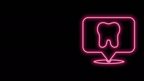 Gloeiende neon lijn Tandheelkundige kliniek locatie pictogram geïsoleerd op zwarte achtergrond. 4K Video motion grafische animatie - Video