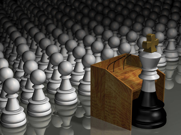 Білий шаховий король з чорною дупою перед подіумом з мікрофоном нібито говорить людям з його політикою. Поняття політики та обману, 3D візуалізація
. - Фото, зображення