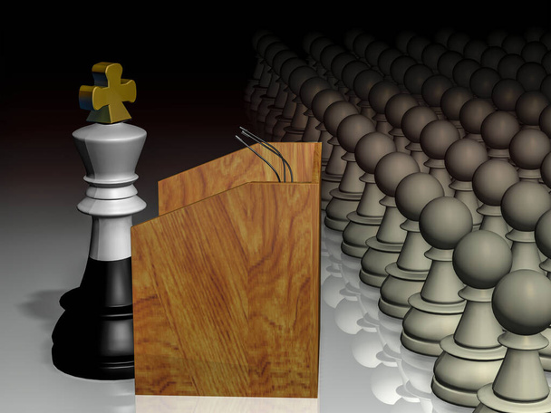 A white chess king with a black ass in front of a podium with a microphone allegedly speaks to the people with his policy. Concepts of politics and deception, 3D rendering. - Фото, изображение