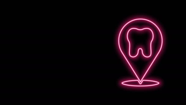 Parlayan neon hattı diş sağlığı kliniği konumu simgesi siyah arkaplanda izole edildi. 4K Video hareketli grafik canlandırması - Video, Çekim