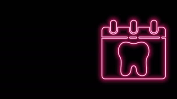 Gloeiende neon lijn Kalender met tand pictogram geïsoleerd op zwarte achtergrond. Internationale Tandartsdag, 6 maart. Maart vakantie kalender. 4K Video motion grafische animatie - Video
