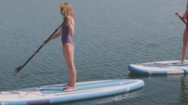 Slow-mo side view full-shot van vrouwen peddelen over het meer de ene na de andere staande op sup boards - Video